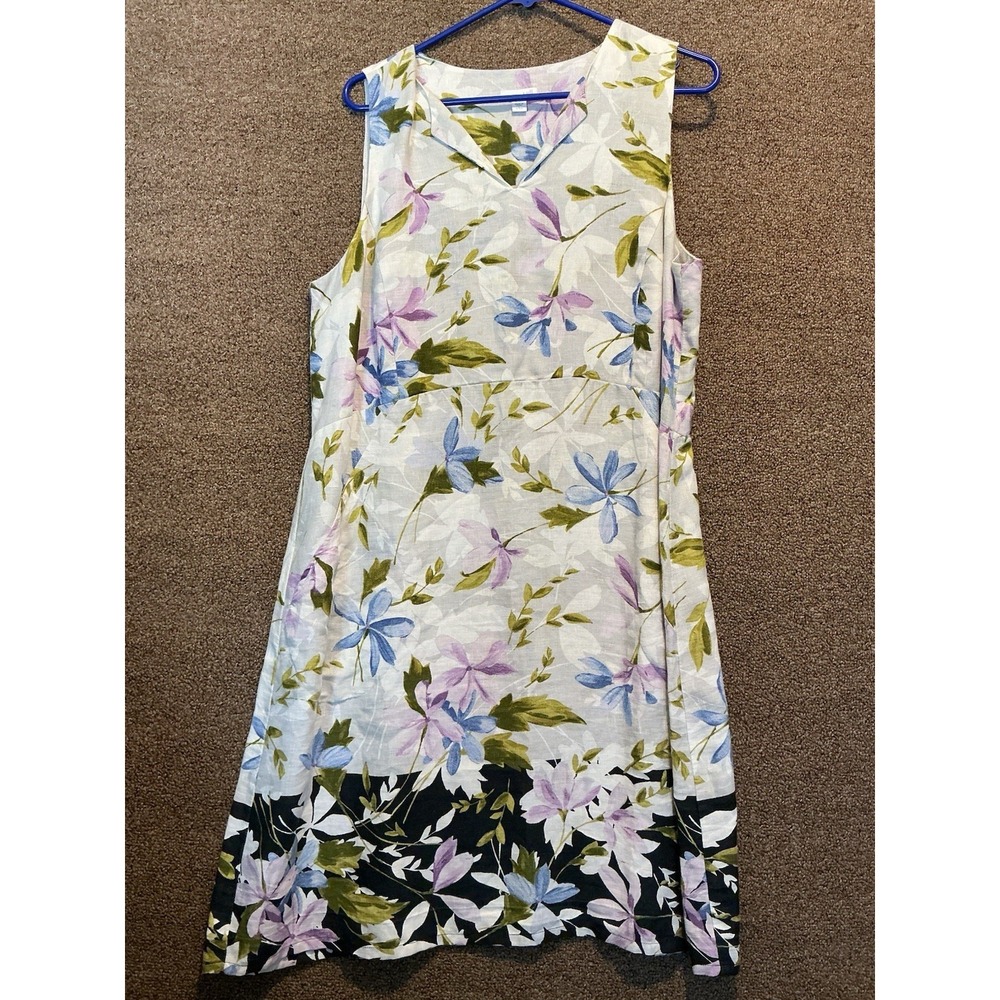 J Jill Love Linen Dress Floral Tropical L PETITE A Line Shift Gray Lavender Luxe